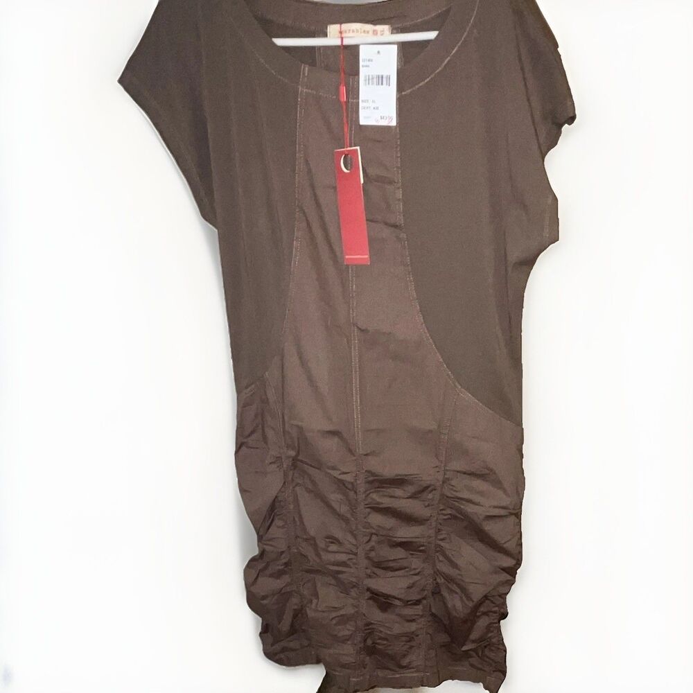 Wearables Brown Solid Ruched Round Neck Short Sleeve Knee Dress Womens XL